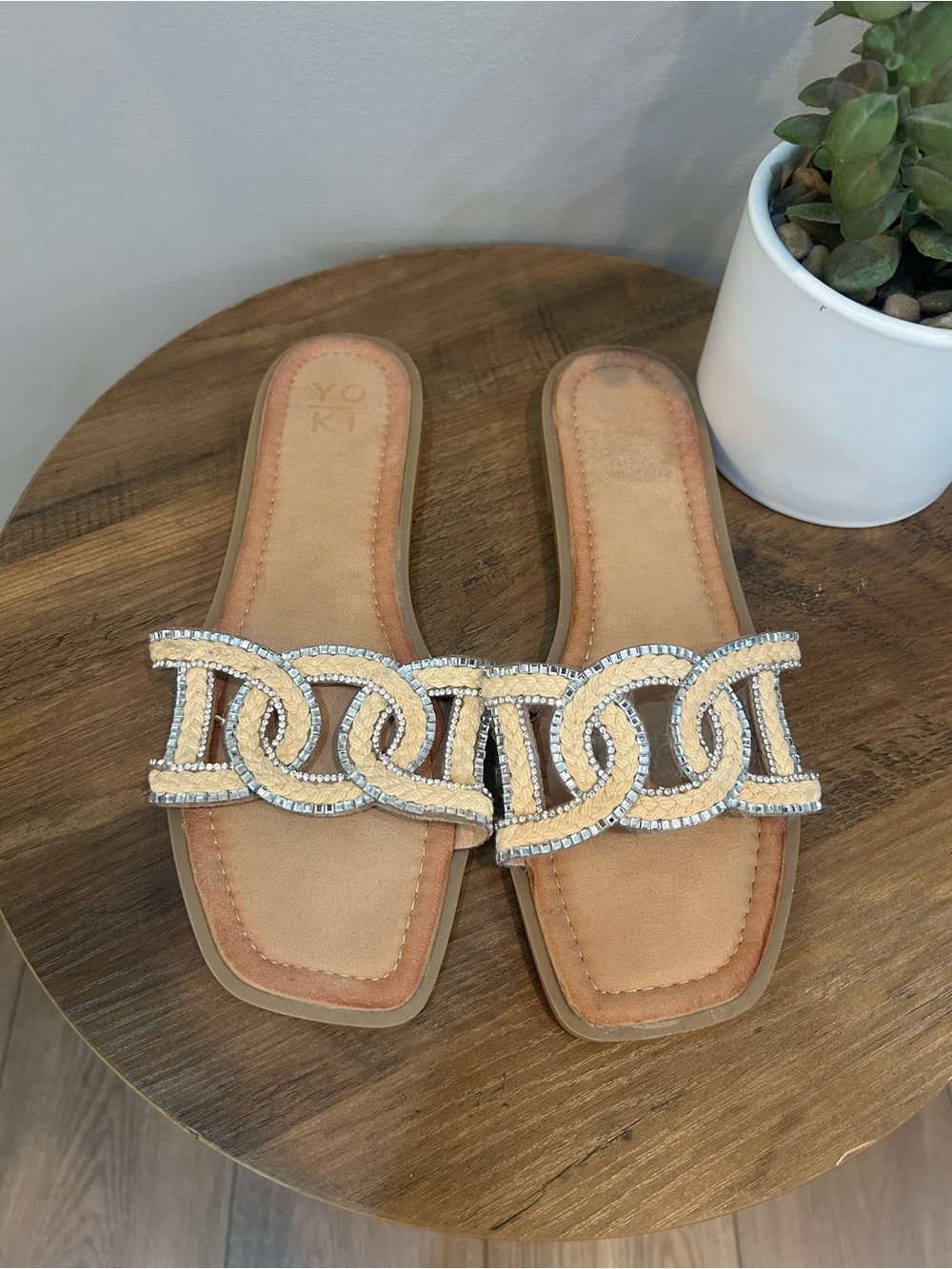 Yoki Isabel Tan Chain Slide Sandals Rhinestone Braided Flat Slides Women’s 8.5
